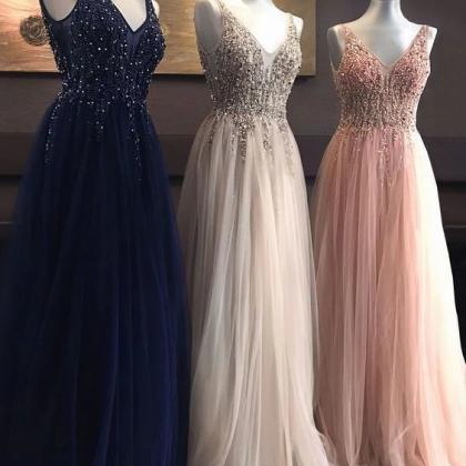 V Neck Prom Dress, Beaded Prom Dress, Lace..
