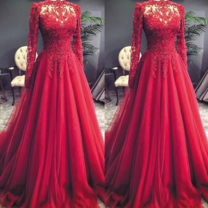 Vintage Prom Dress, Red Prom Dress, Lace Applique..