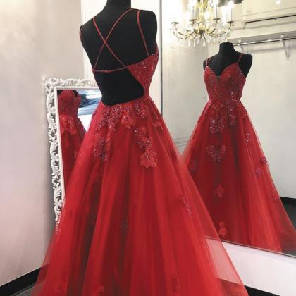 Red Lace Prom Dress, Lace Applique Prom Dresses,..