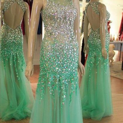 Crystal Evening Dress, Mint Green Evening Dress,..