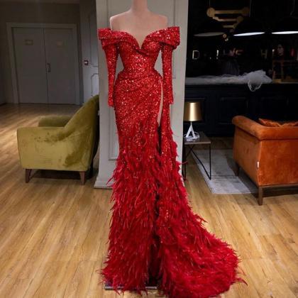 Red Evening Dress, Feather Evening Dresses,..