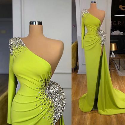 Green Evening Dresses, One Shoulder Prom Dress,..