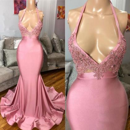 Pink Evening Dress, Lace Applique Evening Dress,..