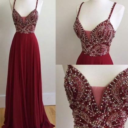 Burgundy Prom Dresses, Beaded Prom Dress, Elegant..