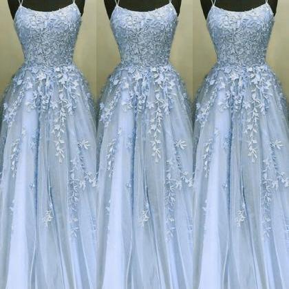 Blue Prom Dress, Lace Applique Prom Dresses, 2022..