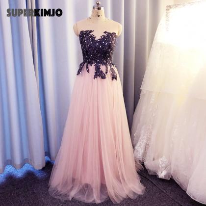 Pink Prom Dresses, Lace Applique Prom Dress,..