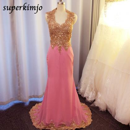 Pink Evening Dress, Lace Applique Evening Dresses,..