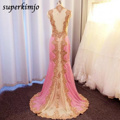 Pink Evening Dress, Lace Applique Evening Dresses,..