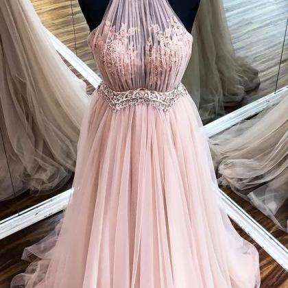 Halter Prom Dresses, Lace Applique Prom Dress,..