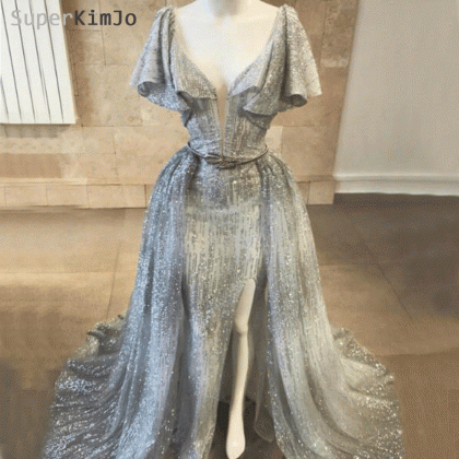 Silver Prom Dresses, Detachable Skirt Prom..