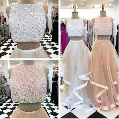 Beaded Prom Dresses, 2 Piece Prom Dress, Champagne..