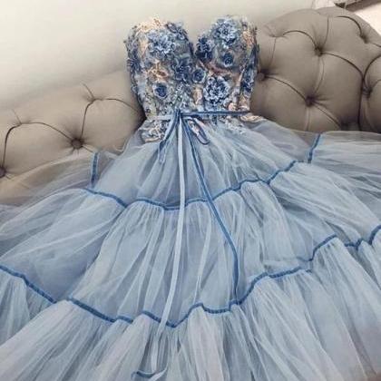 Blue Prom Dresses, Beaded Prom Dress, Floral Prom..