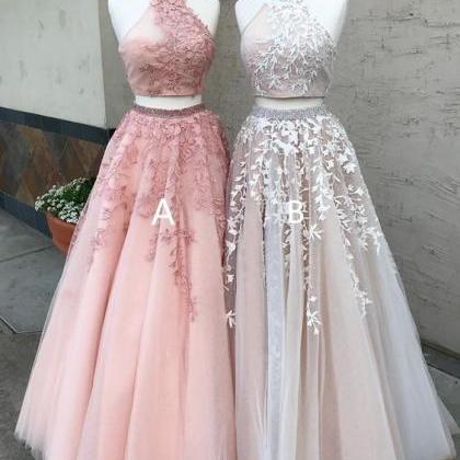 2 Piece Prom Dresses, High Neck Prom Dress, Beaded..