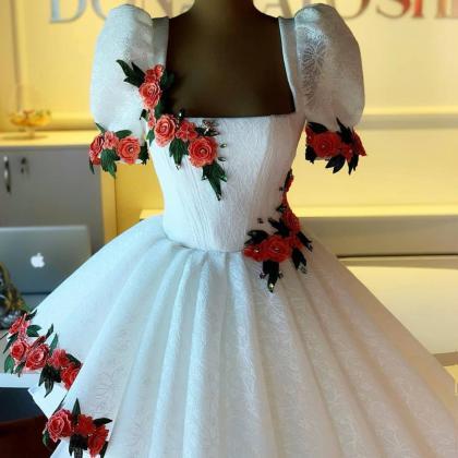 White Prom Dresses, Embrodiery Applique Prom..