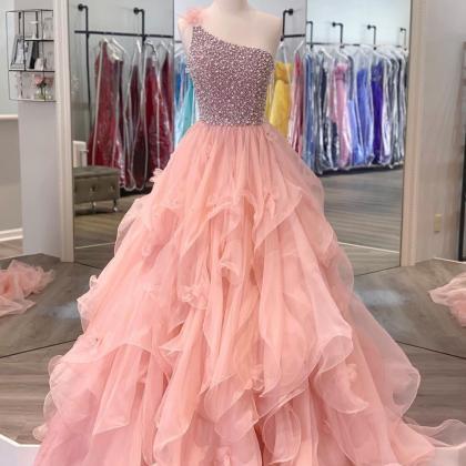 Pink Prom Dresses, One Shoulder Prom Dress, Beaded..