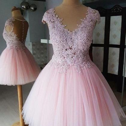 Pink Prom Dresses, Short Prom Dress, Cap Sleeve..