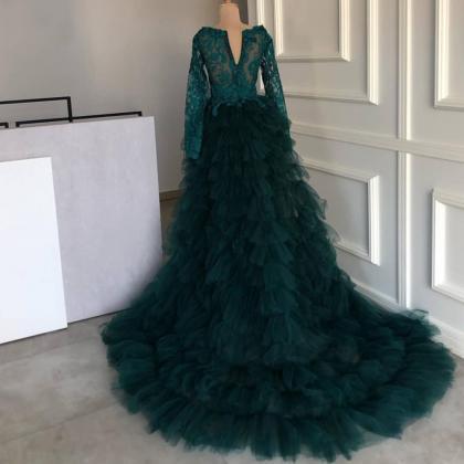 Emerlad Green Prom Dress, V Neck Prom Dress, Lace..