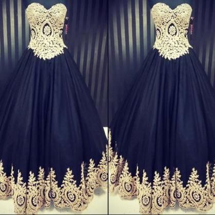 Black And Gold Prom Dress, Lace Applique Prom..