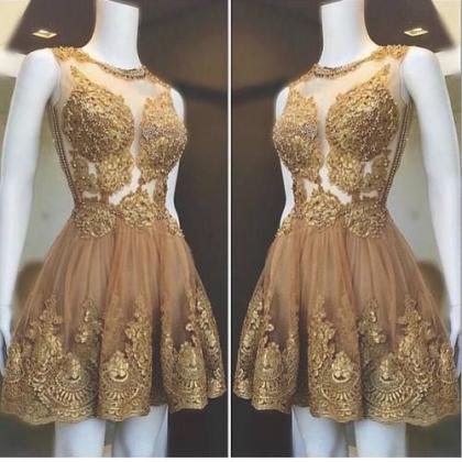 Gold Prom Dress, Lace Applique Prom Dresses, Prom..