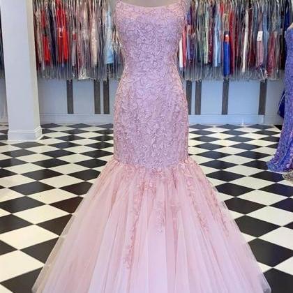 Pink Evening Dress, Lace Applique Evening Dress,..