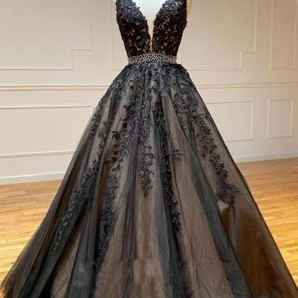 Black Prom Dresses, Lace Applique Prom Dresses,..