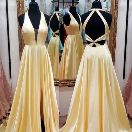 Yellow Prom Dresses, Satin Prom Dress, Sexy Formal..