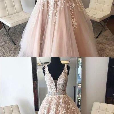 Pink Prom Dresses, Lace Applique Prom Dresses,..
