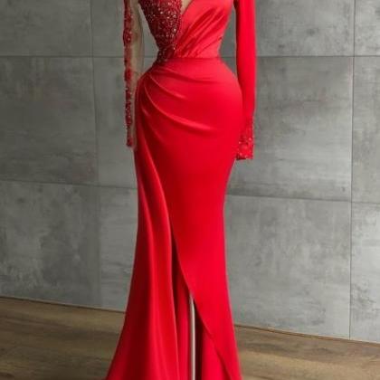 Red Evening Dress, Lace Applique Evening Dresses,..