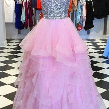 Pink Prom Dresses, Tiered Prom Dress, Beaded Prom..