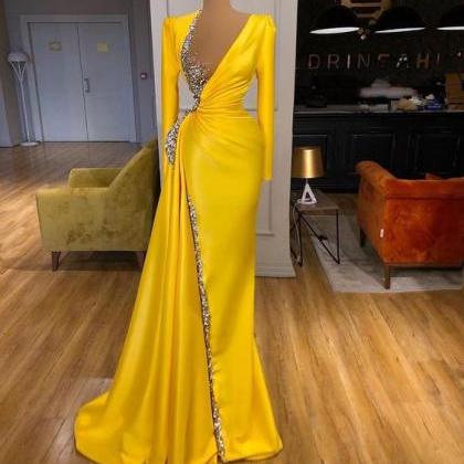 Yellow Evening Dress, Long Sleeve Evening Dress,..