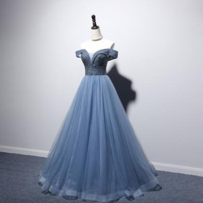 Dusty Blue Prom Dress, Off The Shoulder Prom..