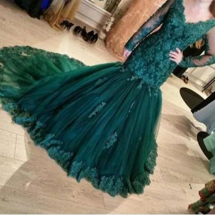 Green Evening Dress, Lace Applique Evening Dress,..