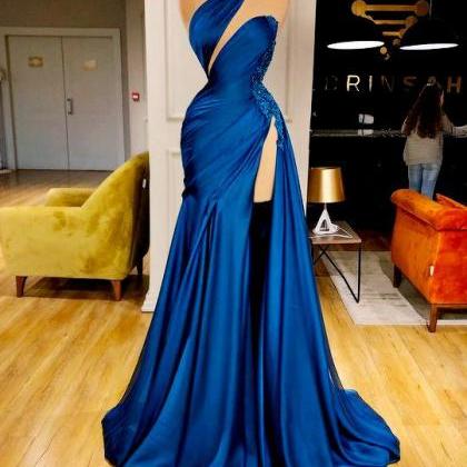 Blue Prom Dress, Beaded Prom Dresses, One Shoulder..