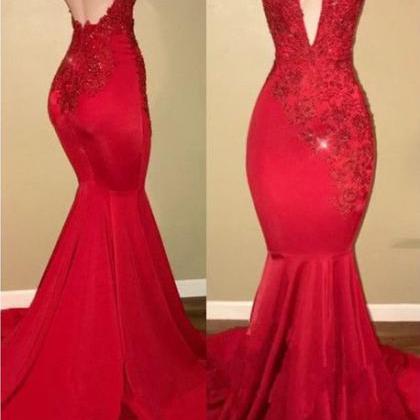 Red Evening Dress, Lace Applique Evening Dress,..