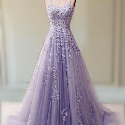 Purple Prom Dresses, Lace Applique Prom Dress, A..