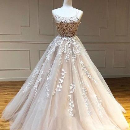 Champagne Prom Dresses, Lace Applique Prom Dress,..