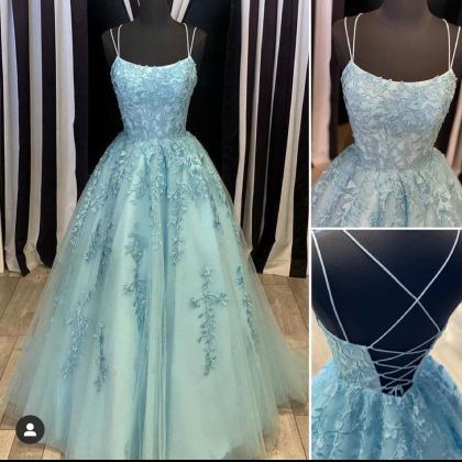 Spaghetti Straps Prom Dresses, Blue Prom Dress,..