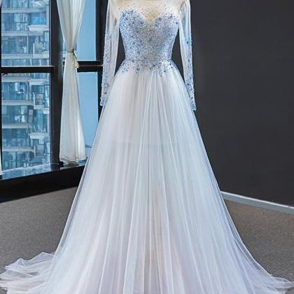 Long Sleeve Prom Dress, Light Blue Prom Dress,..