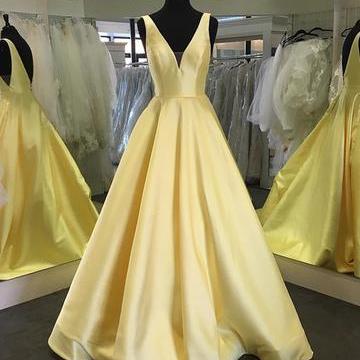 Yellow Prom Dress, V Neck Prom Dresses, Simple..