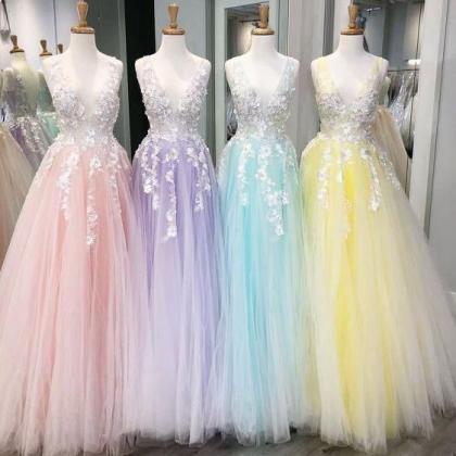 Lace Applique Prom Dress, V Neck Prom Dresses,..