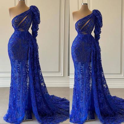 One Shoulder Evening Dress, Royal Blue Evening..