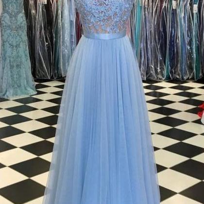 Blue Prom Dress, Cap Sleeve Prom Dress, Lace..