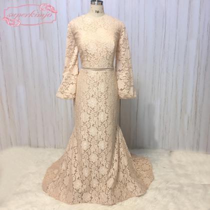 Champagne Evening Dress, Flare Sleeve Evening..