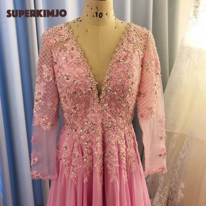 Pink Prom Dresses, V Neck Long Sleeve Prom Dress,..