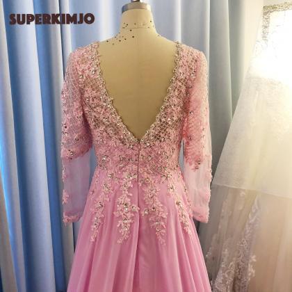 Pink Prom Dresses, V Neck Long Sleeve Prom Dress,..