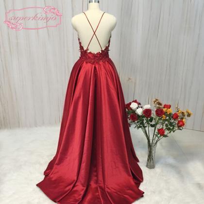 Red Prom Dress, Spaghetti Strap Prom Dress, Satin..