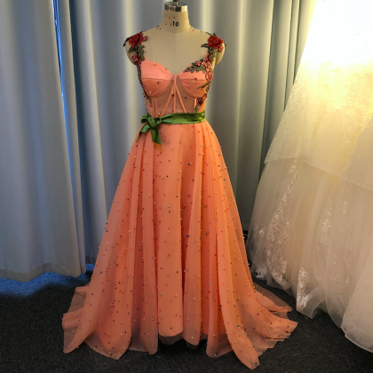 Pink Prom Dress, Beaded Prom Dress, Elegant Prom..