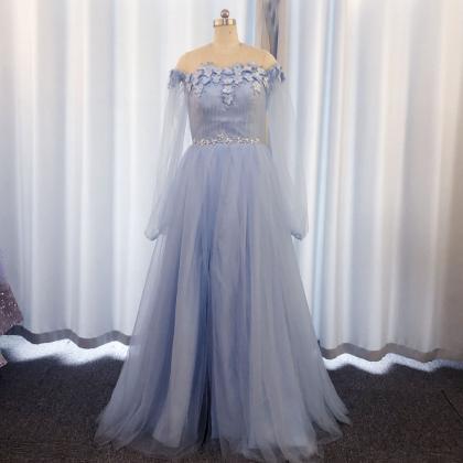Blue Prom Dresses, Beaded Prom Dress, Long Sleeve..