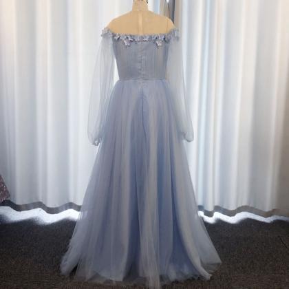 Blue Prom Dresses, Beaded Prom Dress, Long Sleeve..