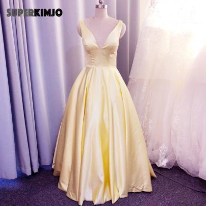 V Neck Prom Dress, Yellow Prom Dress, Simple Prom..